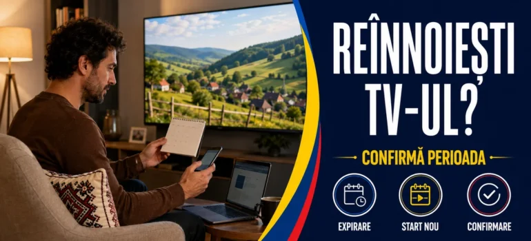 Bărbat comparând un calendar cu telefonul într-un living cu televizor și laptop; text «Reînnoiești TV-ul?» și badge-uri Expirare, Start nou, Confirmare.