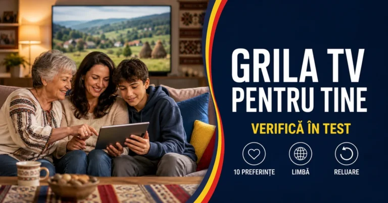Două femei și un adolescent privesc o tabletă în living, cu un televizor în fundal; headline «Grila TV pentru tine» și reperele 10 preferințe, Limbă, Reluare.