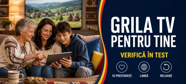 Două femei și un adolescent privesc o tabletă în living, cu un televizor în fundal; headline «Grila TV pentru tine» și reperele 10 preferințe, Limbă, Reluare.