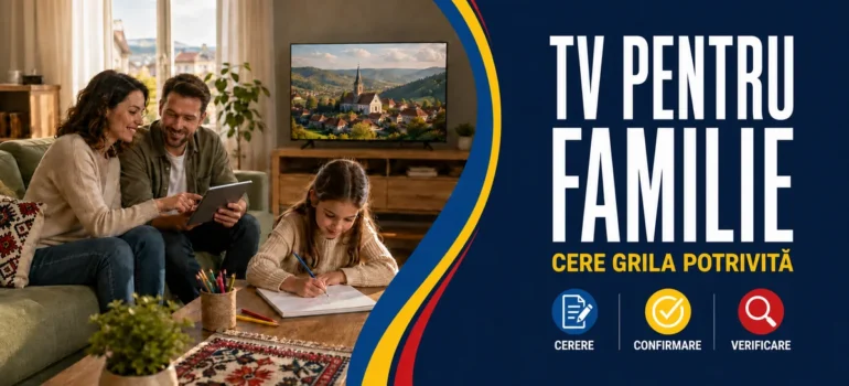 Părinți privind o tabletă și copil desenând într-un living cu televizor; headline TV pentru familie și badge-uri Cerere, Confirmare, Verificare.