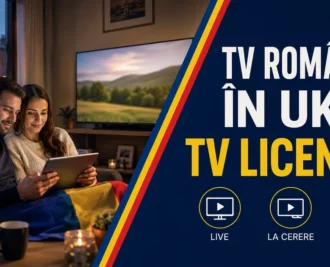 Cuplu cu tabletă într-un living cu televizor și fereastră spre case britanice; textul «TV românesc în UK — TV Licence?» și badge-uri Live, La cerere, Reguli UK.