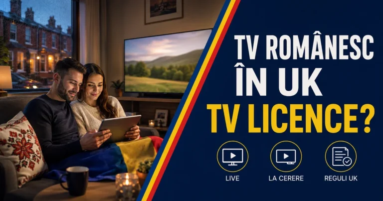 Cuplu cu tabletă într-un living cu televizor și fereastră spre case britanice; textul «TV românesc în UK — TV Licence?» și badge-uri Live, La cerere, Reguli UK.