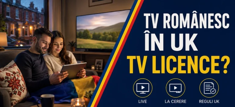 Cuplu cu tabletă într-un living cu televizor și fereastră spre case britanice; textul «TV românesc în UK — TV Licence?» și badge-uri Live, La cerere, Reguli UK.