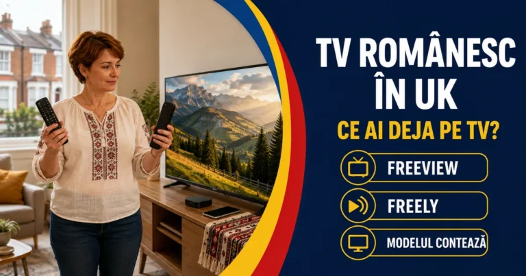 Femeie comparând două telecomenzi lângă televizor, box și telefon într-un living britanic; text TV românesc în UK, Freeview, Freely și Modelul contează.