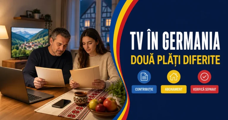 Bărbat și tânără consultând două dosare la o masă cu laptop și telefon, cu un televizor în fundal; text «TV în Germania» și badge-uri Contribuție, Abonament, Verifică separat.