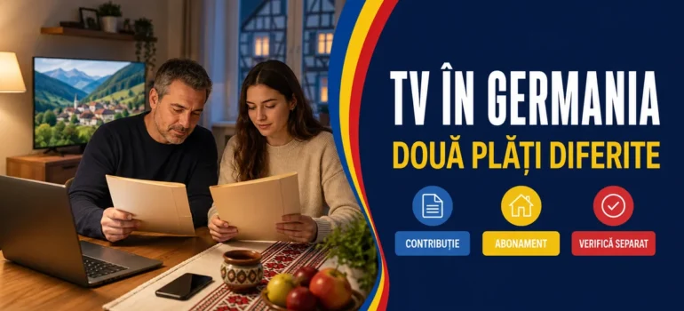 Bărbat și tânără consultând două dosare la o masă cu laptop și telefon, cu un televizor în fundal; text «TV în Germania» și badge-uri Contribuție, Abonament, Verifică separat.