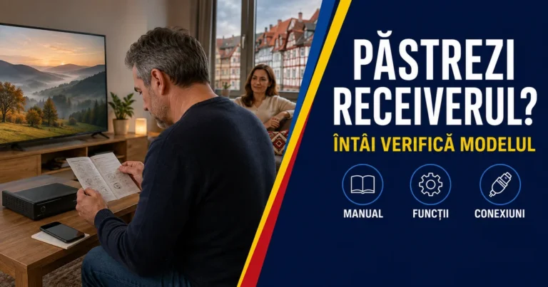 Bărbat citind un manual lângă receiver, telefon și televizor într-un living, cu o femeie în fundal; headline Păstrezi receiverul și badge-uri Manual, Funcții, Conexiuni.