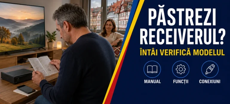 Bărbat citind un manual lângă receiver, telefon și televizor într-un living, cu o femeie în fundal; headline Păstrezi receiverul și badge-uri Manual, Funcții, Conexiuni.