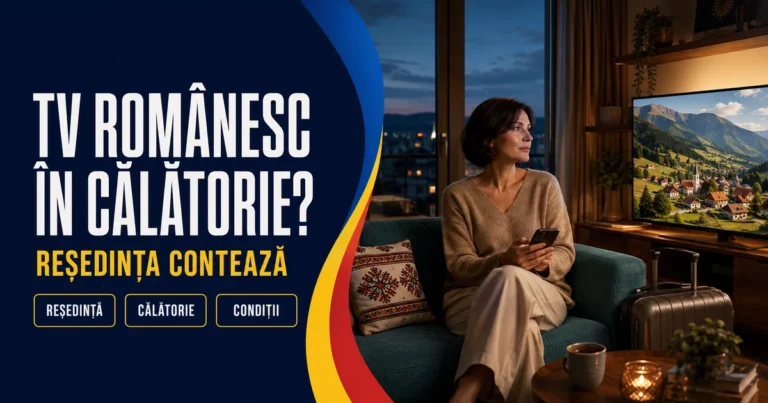 Femeie cu telefon pe canapea, lângă un televizor și o valiză; text «TV românesc în călătorie?» și badge-uri Reședință, Călătorie, Condiții.