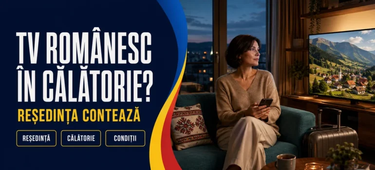 Femeie cu telefon pe canapea, lângă un televizor și o valiză; text «TV românesc în călătorie?» și badge-uri Reședință, Călătorie, Condiții.