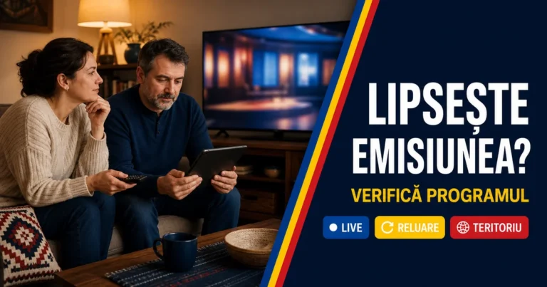 Cuplu într-un living, femeia cu telecomanda și bărbatul cu o tabletă lângă televizor; headline Lipsește emisiunea și badge-uri Live, Reluare, Teritoriu.