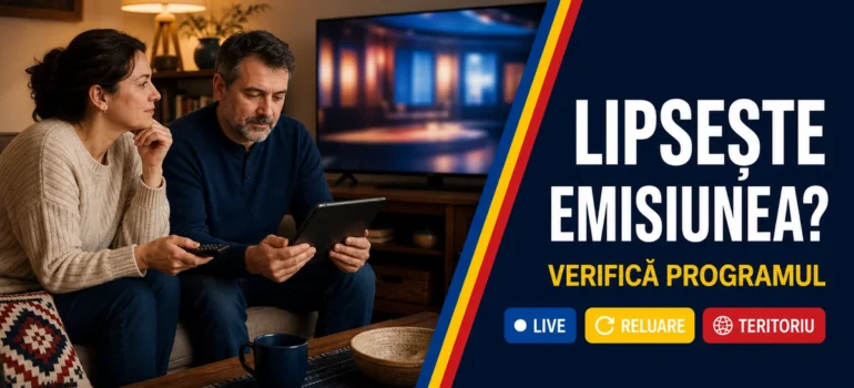 Cuplu într-un living, femeia cu telecomanda și bărbatul cu o tabletă lângă televizor; headline Lipsește emisiunea și badge-uri Live, Reluare, Teritoriu.