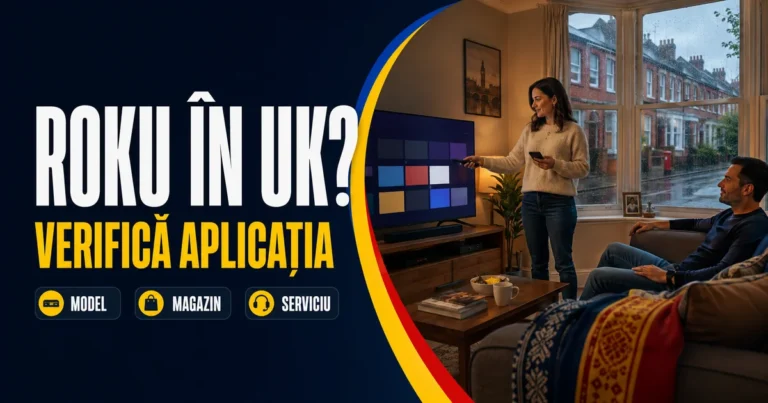 Femeie cu telecomandă și telefon lângă televizor, într-un living cu vedere spre case britanice; text «Roku în UK?» și badge-uri Model, Magazin, Serviciu.