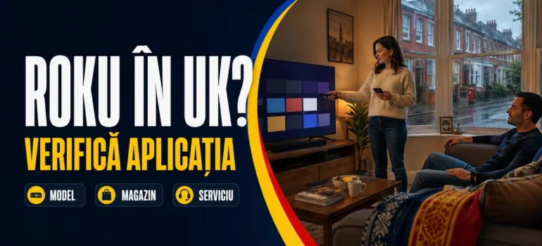 Femeie cu telecomandă și telefon lângă televizor, într-un living cu vedere spre case britanice; text «Roku în UK?» și badge-uri Model, Magazin, Serviciu.