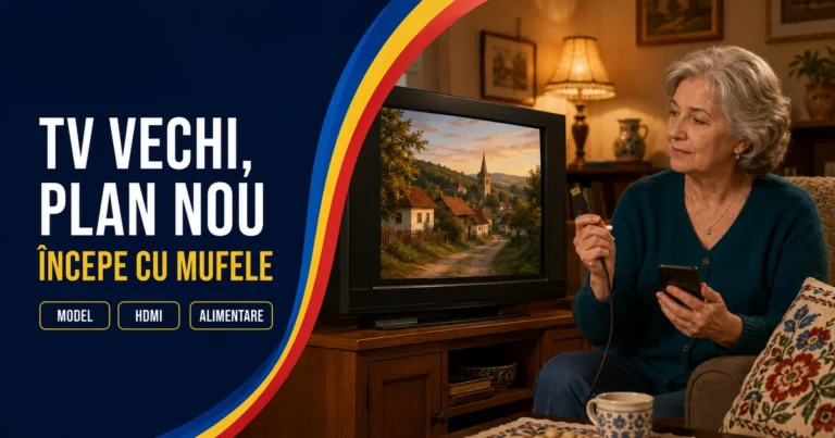 Femeie cu păr cărunt ținând telefonul și un cablu lângă un televizor cu ramă groasă; text «TV vechi, plan nou» și badge-uri Model, HDMI, Alimentare.
