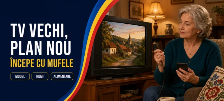 Femeie cu păr cărunt ținând telefonul și un cablu lângă un televizor cu ramă groasă; text «TV vechi, plan nou» și badge-uri Model, HDMI, Alimentare.
