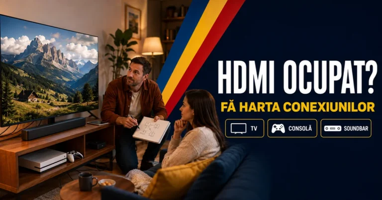Bărbat cu o schiță de conexiuni lângă televizor, consolă, soundbar și player, cu o femeie pe canapea; headline HDMI ocupat și badge-uri TV, Consolă, Soundbar.