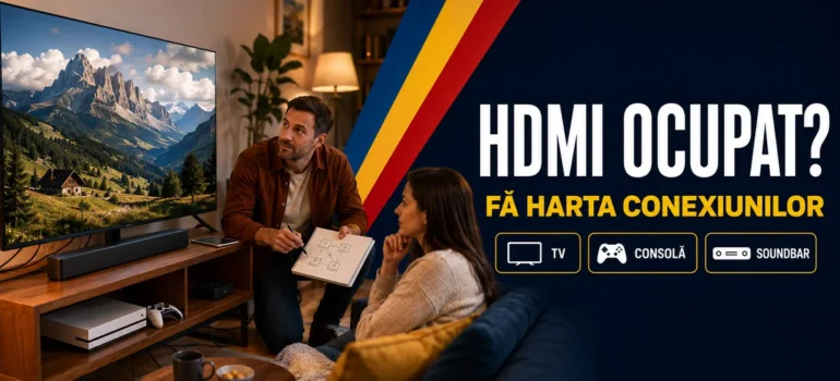Bărbat cu o schiță de conexiuni lângă televizor, consolă, soundbar și player, cu o femeie pe canapea; headline HDMI ocupat și badge-uri TV, Consolă, Soundbar.