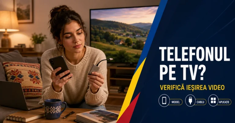 Femeie comparând un telefon și un adaptor lângă televizor și laptop, într-un living; headline Telefonul pe TV și badge-uri Model, Cablu, Aplicație.