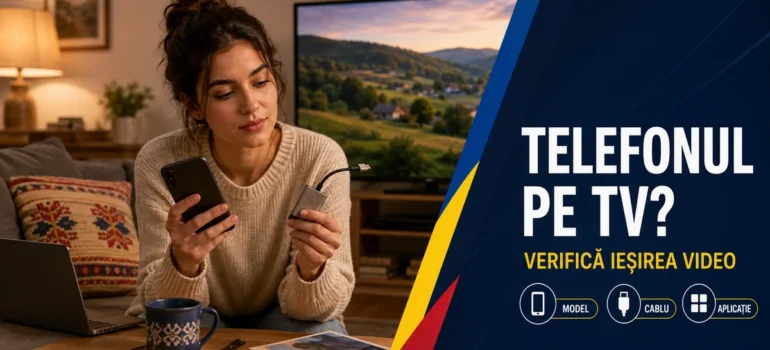 Femeie comparând un telefon și un adaptor lângă televizor și laptop, într-un living; headline Telefonul pe TV și badge-uri Model, Cablu, Aplicație.