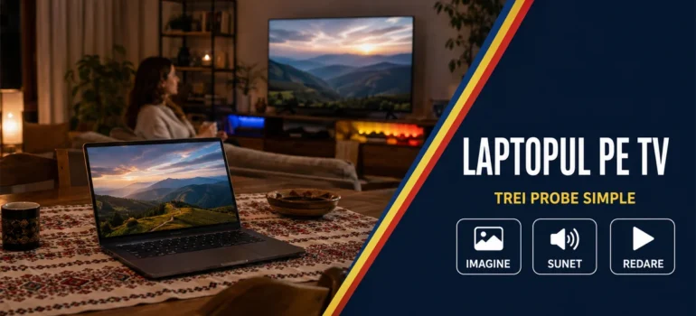 Laptop pe o masă cu țesătură românească și televizor cu peisaj montan într-un living; headline Laptopul pe TV și badge-uri Imagine, Sunet, Redare.