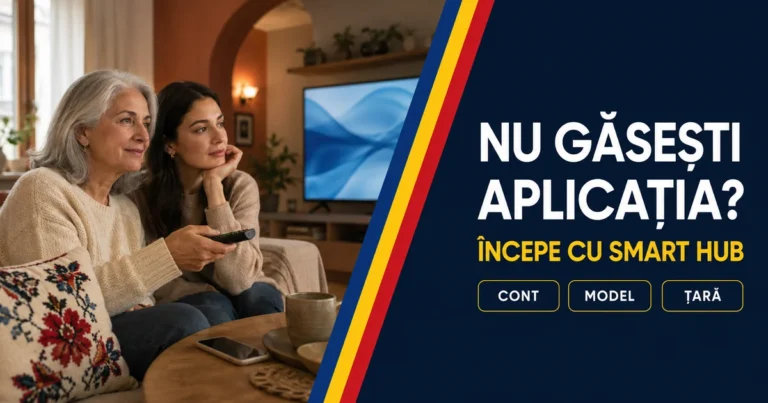Mamă și fiică lângă televizor, cu telecomandă și telefon într-un living; headline Nu găsești aplicația și badge-uri Cont, Model, Țară.