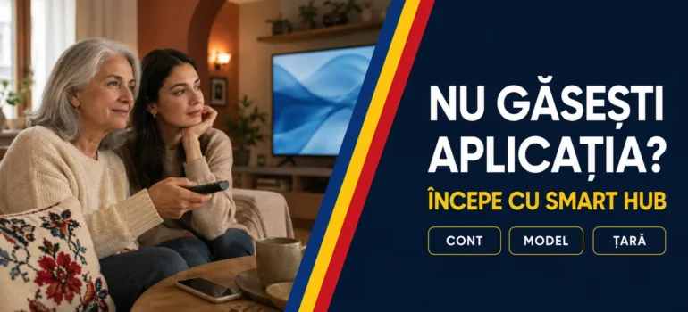 Mamă și fiică lângă televizor, cu telecomandă și telefon într-un living; headline Nu găsești aplicația și badge-uri Cont, Model, Țară.
