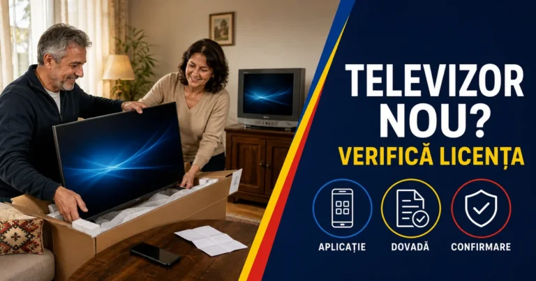 Cuplu despachetând un televizor nou, cu un aparat vechi în fundal, telefon și document pe masă; text Televizor nou și Verifică licența.