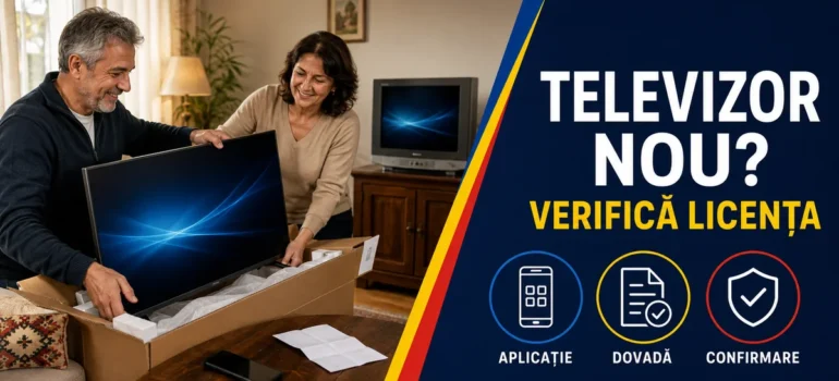 Cuplu despachetând un televizor nou, cu un aparat vechi în fundal, telefon și document pe masă; text Televizor nou și Verifică licența.