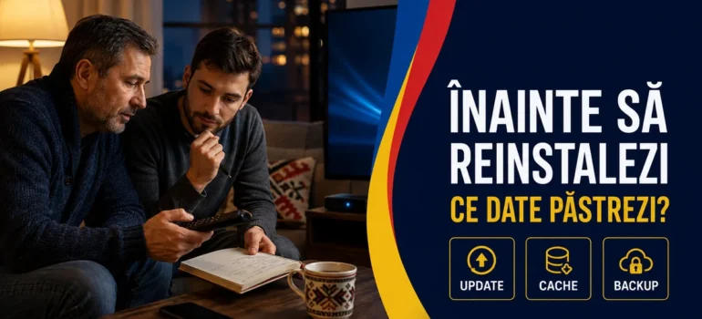 Tată și fiu cu telecomandă și caiet lângă televizor și media box; text Înainte să reinstalezi, Ce date păstrezi și badge-uri Update, Cache, Backup.