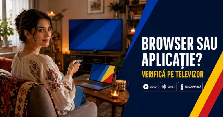 Femeie în bluză cu motive românești, cu telecomandă lângă televizor și laptop; text Browser sau aplicație, Verifică pe televizor și badge-uri Video, Sunet, Telecomandă.