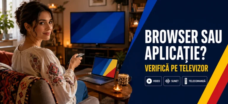 Femeie în bluză cu motive românești, cu telecomandă lângă televizor și laptop; text Browser sau aplicație, Verifică pe televizor și badge-uri Video, Sunet, Telecomandă.
