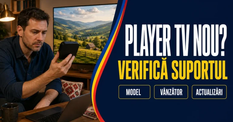 Bărbat examinând un dispozitiv negru lângă laptop și televizor; headline «Player TV nou? Verifică suportul» și badge-uri Model, Vânzător, Actualizări.