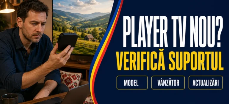 Bărbat examinând un dispozitiv negru lângă laptop și televizor; headline «Player TV nou? Verifică suportul» și badge-uri Model, Vânzător, Actualizări.