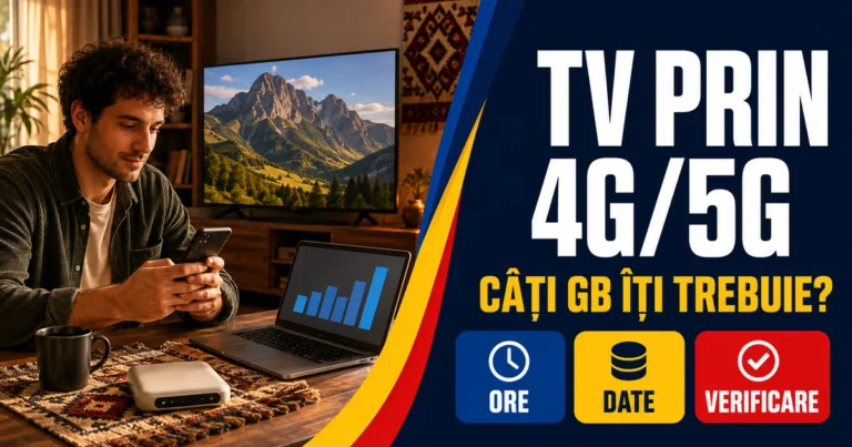 Bărbat cu telefon la o masă cu laptop și router, lângă un televizor cu peisaj montan; text «TV prin 4G/5G» și badge-uri Ore, Date, Verificare.