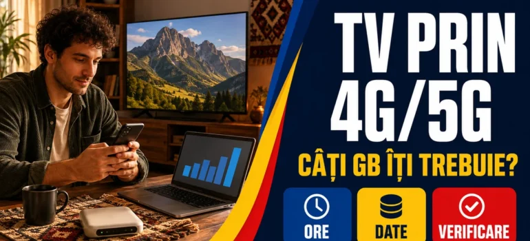 Bărbat cu telefon la o masă cu laptop și router, lângă un televizor cu peisaj montan; text «TV prin 4G/5G» și badge-uri Ore, Date, Verificare.