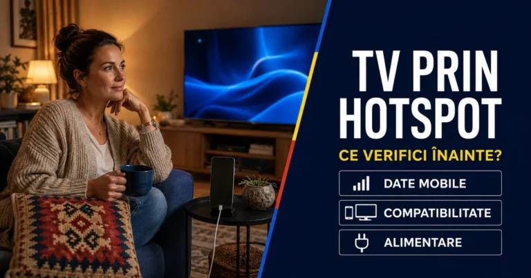 Femeie cu cană pe canapea, telefon conectat la încărcător și televizor într-un living cald; text TV prin hotspot și badge-uri Date mobile, Compatibilitate, Alimentare.