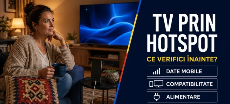 Femeie cu cană pe canapea, telefon conectat la încărcător și televizor într-un living cald; text TV prin hotspot și badge-uri Date mobile, Compatibilitate, Alimentare.
