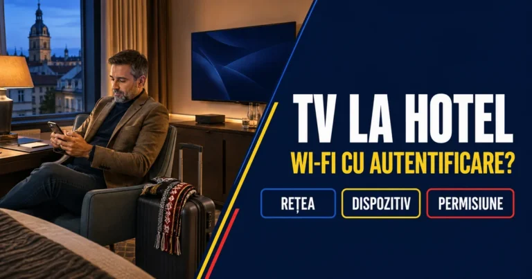 Bărbat cu telefon lângă bagaj, televizor și media box într-o cameră de hotel; text TV la hotel, Wi-Fi cu autentificare și badge-uri Rețea, Dispozitiv, Permisiune.