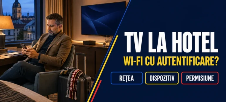 Bărbat cu telefon lângă bagaj, televizor și media box într-o cameră de hotel; text TV la hotel, Wi-Fi cu autentificare și badge-uri Rețea, Dispozitiv, Permisiune.