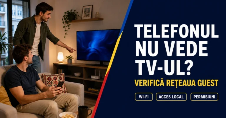 Doi tineri cu telefon lângă televizor și router într-un living comun; text Telefonul nu vede TV-ul, Verifică rețeaua guest și badge-uri Wi-Fi, Acces local, Permisiuni.
