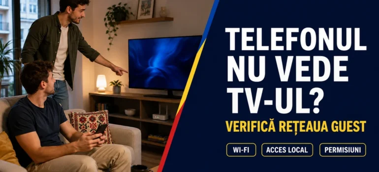 Doi tineri cu telefon lângă televizor și router într-un living comun; text Telefonul nu vede TV-ul, Verifică rețeaua guest și badge-uri Wi-Fi, Acces local, Permisiuni.