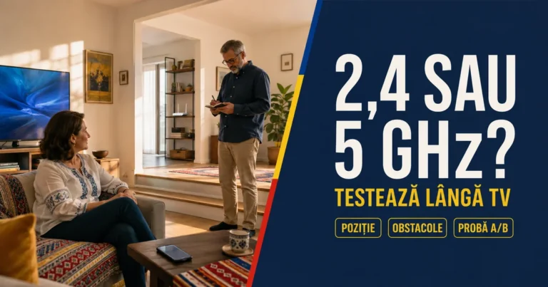 Cuplu lângă televizor, telefon și router amplasat într-o cameră alăturată; text 2,4 sau 5 GHz, Testează lângă TV și badge-uri Poziție, Obstacole, Probă A/B.