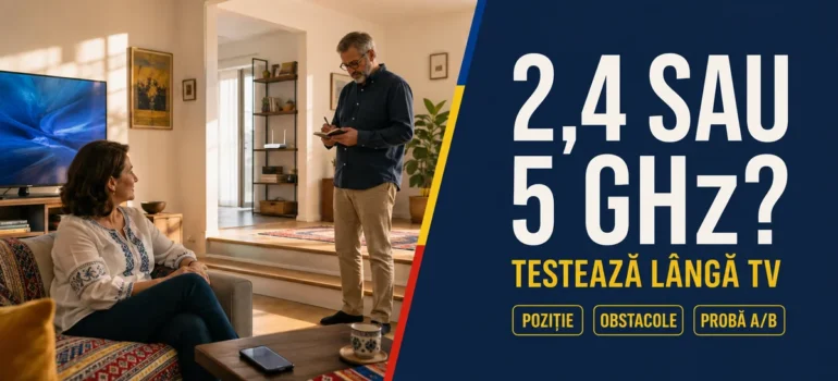Cuplu lângă televizor, telefon și router amplasat într-o cameră alăturată; text 2,4 sau 5 GHz, Testează lângă TV și badge-uri Poziție, Obstacole, Probă A/B.