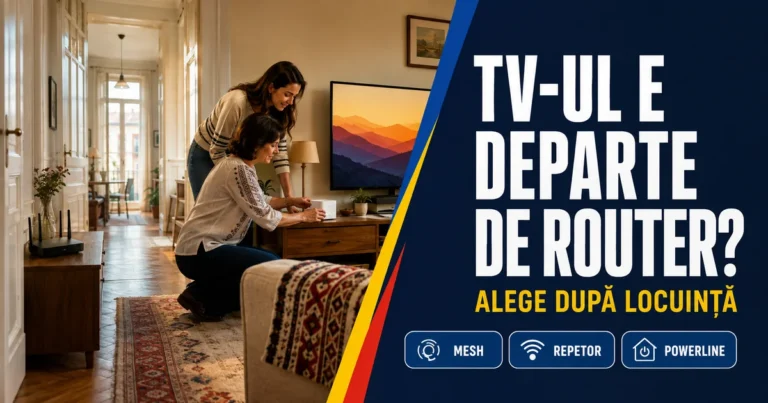 Două femei lângă televizor și un dispozitiv de rețea într-un living, router pe hol și material cu motive românești; text TV-ul e departe de router, Alege după locuință, Mesh, Repetor, Powerline.