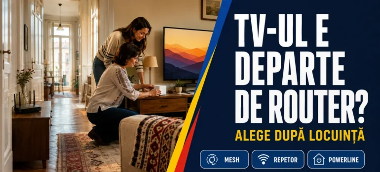 Două femei lângă televizor și un dispozitiv de rețea într-un living, router pe hol și material cu motive românești; text TV-ul e departe de router, Alege după locuință, Mesh, Repetor, Powerline.