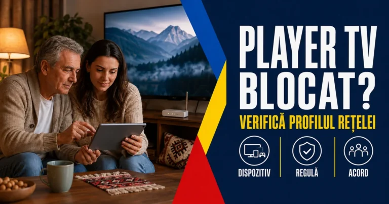 Bărbat și femeie verificând împreună o tabletă într-un living, cu televizor și router; text Player TV blocat, Verifică profilul rețelei și badge-uri Dispozitiv, Regulă, Acord.