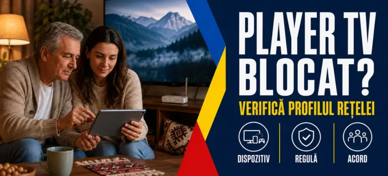 Bărbat și femeie verificând împreună o tabletă într-un living, cu televizor și router; text Player TV blocat, Verifică profilul rețelei și badge-uri Dispozitiv, Regulă, Acord.