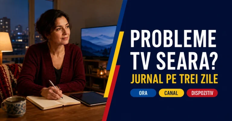 Femeie cu cardigan vișiniu notând într-un caiet lângă tabletă și televizor, într-un living seara; text Probleme TV seara, Jurnal pe trei zile și badge-uri Ora, Canal, Dispozitiv.