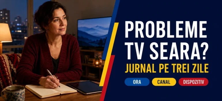 Femeie cu cardigan vișiniu notând într-un caiet lângă tabletă și televizor, într-un living seara; text Probleme TV seara, Jurnal pe trei zile și badge-uri Ora, Canal, Dispozitiv.